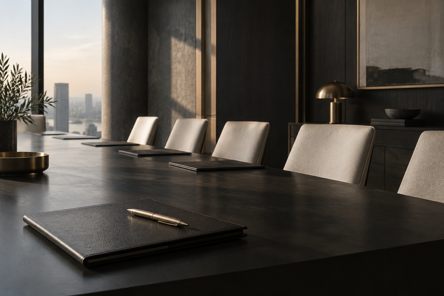 Empty boardroom with a matte black table, warm-white chairs and a brushed-gold pen.