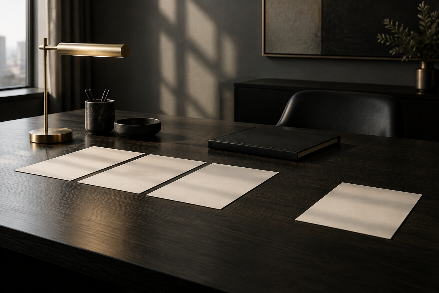 Warm-white papers and a black notebook on a dark boardroom table beneath a brushed-gold lamp.