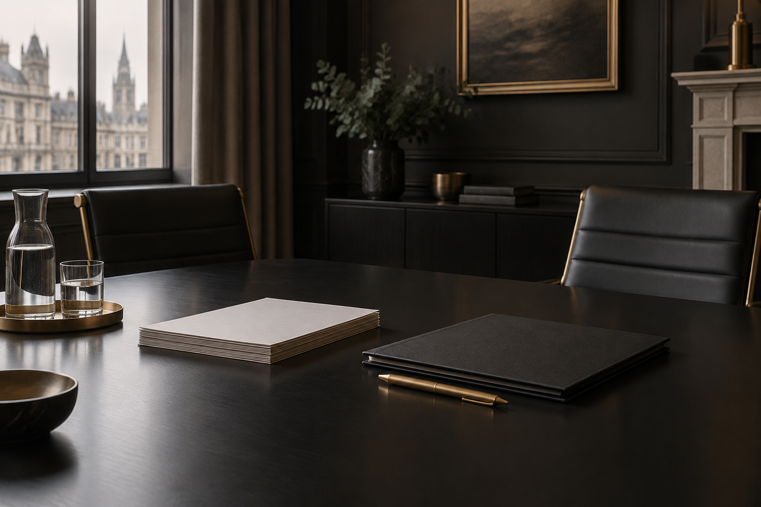 Papers, a charcoal folder and a brushed-gold pen on a dark boardroom table.