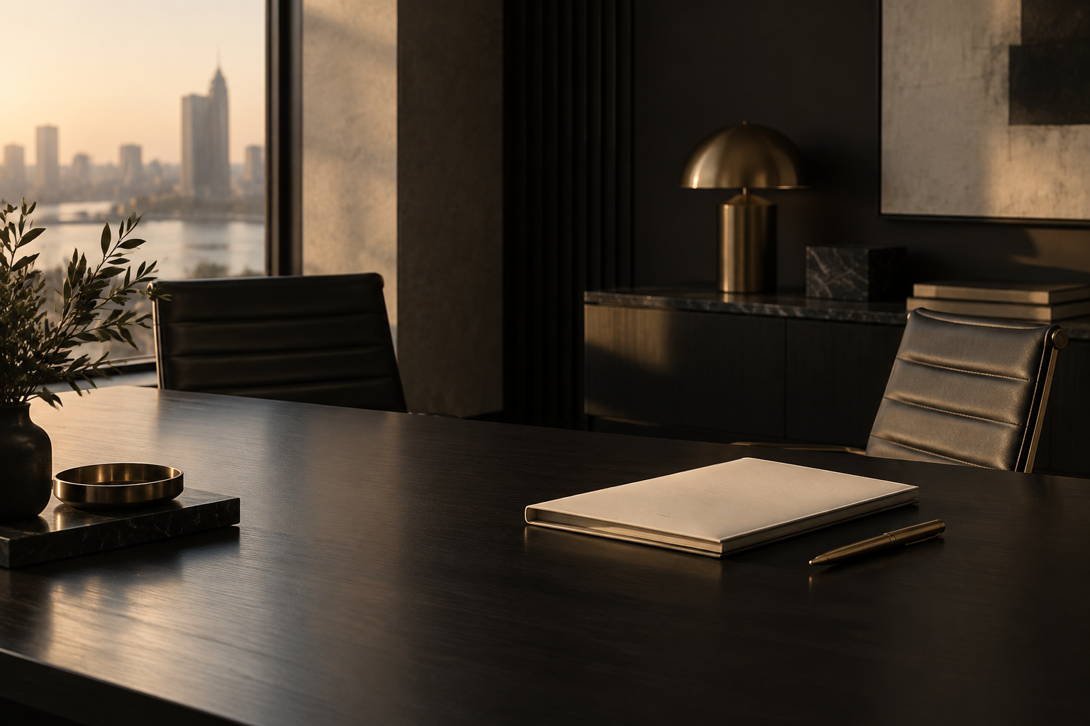 Empty investment meeting room with a black table, warm-white folder and brushed-gold pen.